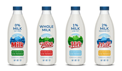 Vector milk labels and milk plastic bottles