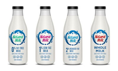 Vector milk labels and milk glass bottles