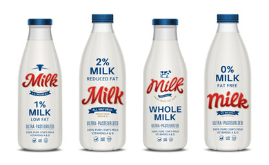 Vector milk labels and milk glass and plastic bottles