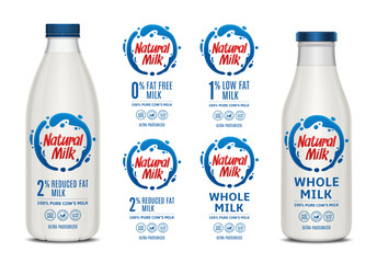 Vector milk labels. Glass and plastic milk bottles with labels