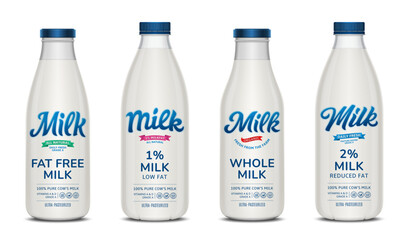 Vector milk labels and milk glass and plastic bottles
