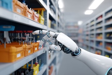 Robotic arm efficiently selects items from warehouse shelves showcasing advanced automation technology in modern logistics and inventory management systems.