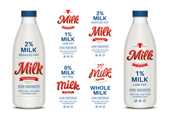 Set of vector milk labels. Plastic milk bottles with labels