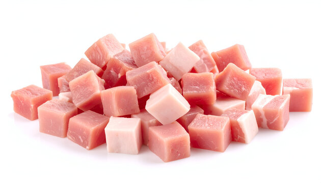 Cubed Ham with Food, and White Background.