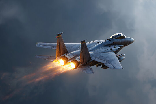 Fototapeta A jet is flying through the sky with its engines on fire