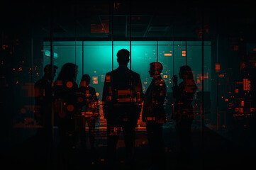 Silhouetted Professionals Reviewing Data, Futuristic Tech Overlay, Business Team Analyzing Data, Silhouetted in Modern Office