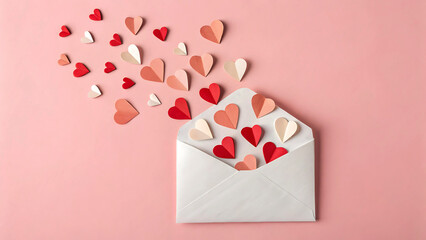 White envelope spilling red and pink paper hearts love