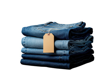 Stack of folded blue denim jeans with a blank wooden tag isolated on transparent background