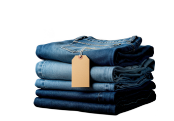 Stack of folded blue denim jeans with a blank wooden tag isolated on transparent background