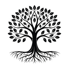 Stylized black tree with roots and leaves silhouette