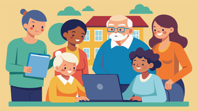 A group of college students volunteers at a retirement home teaching the residents how to use digital art programs and learning from their years of. Vector illustration