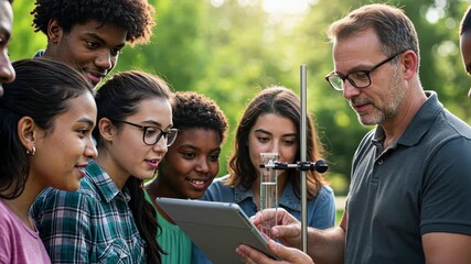 Group of teens and mentor engaging with tablet and drone in park setting