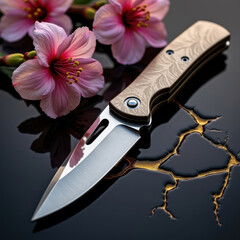 Close-up of a Japanese-style folding knife on black lacquer surface with cherry blossom petals