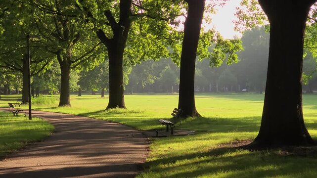A sun-drenched walking path winding through a quiet city park in the early morning. Tall trees cast long shadows across the brick pathway, while green benches invite passersby to rest. The warm sunlig