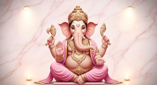 Elegant illustration of Lord Ganesha with detailed ornaments in a serene pink background setting.