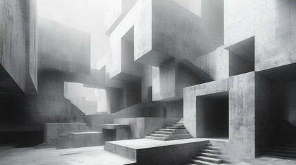 Towering brutalist archive, sharp edged staircases stacked in chaotic geometry, high tension grayscale palette