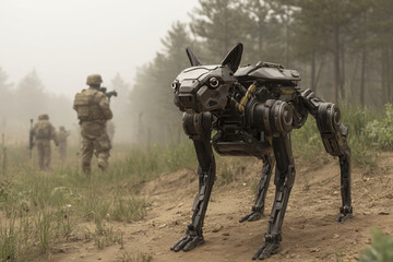 Fototapeta premium A robot dog is standing in the dirt next to a group of soldiers