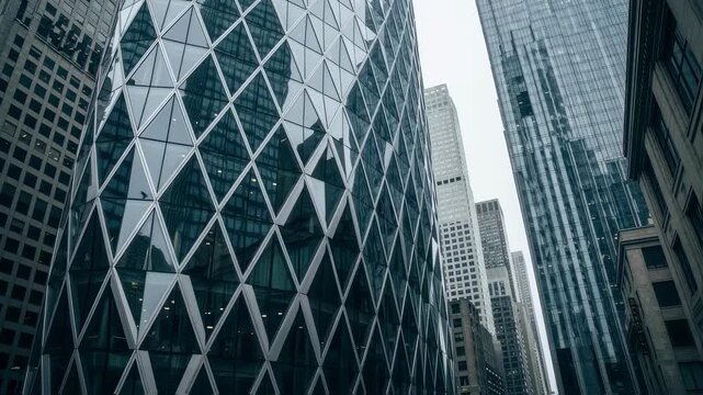 Abstract upward view of highrise with geometric glass panels in urban financial district.