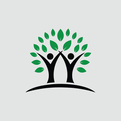 Stylized tree with human figures and green leaves minimalist