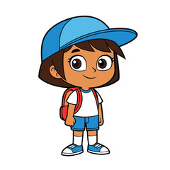 Young girl with blue cap and red backpack child cartoon