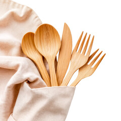Wooden cutlery isolated on transparent background. Outdoor dining accessories in png format.	
