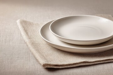 Minimalist Linen Placemat on Wooden Table with White Plates — Close-Up of Natural Fabric Texture