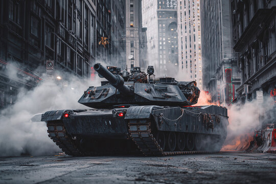 A tank is driving down a city street with smoke coming out of it