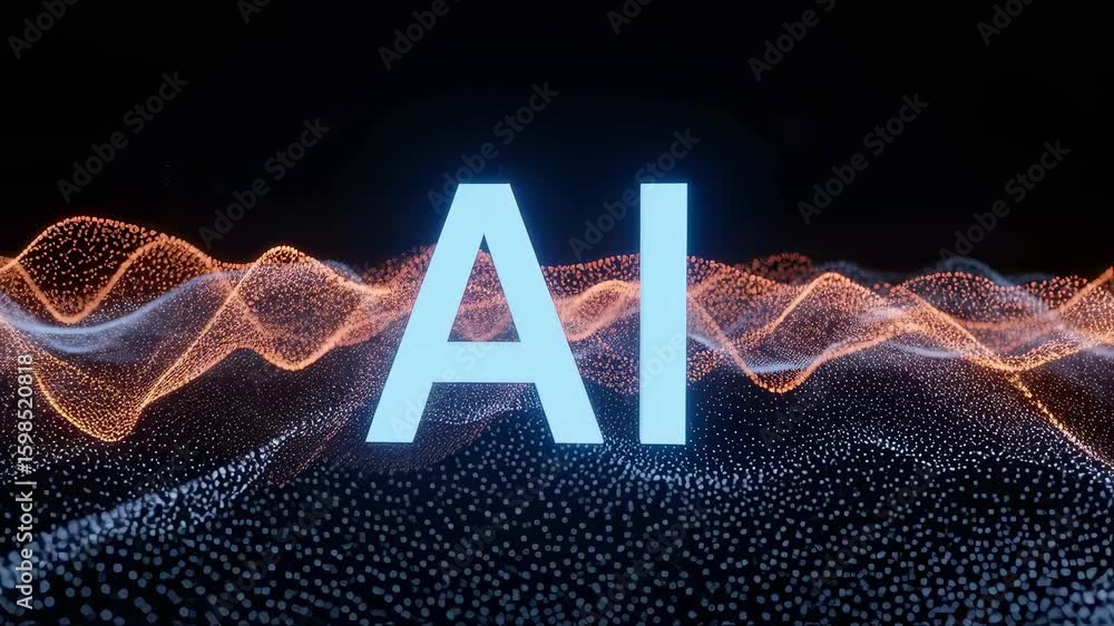 Aufkleber ai concept illustration with flowing orange and blue particle streams and smooth light transitions.