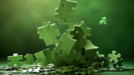  Green puzzle pieces standing upright in sunlight with shallow depth of field and abstract concept - Powered by Adobe