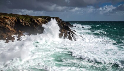 Fototapeta premium Powerful waves crash against rugged cliffs