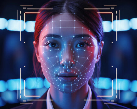 Close-up portrait of a futuristic young woman engineer facing forward, glowing blue and red biometric facial recognition grid scanning her face