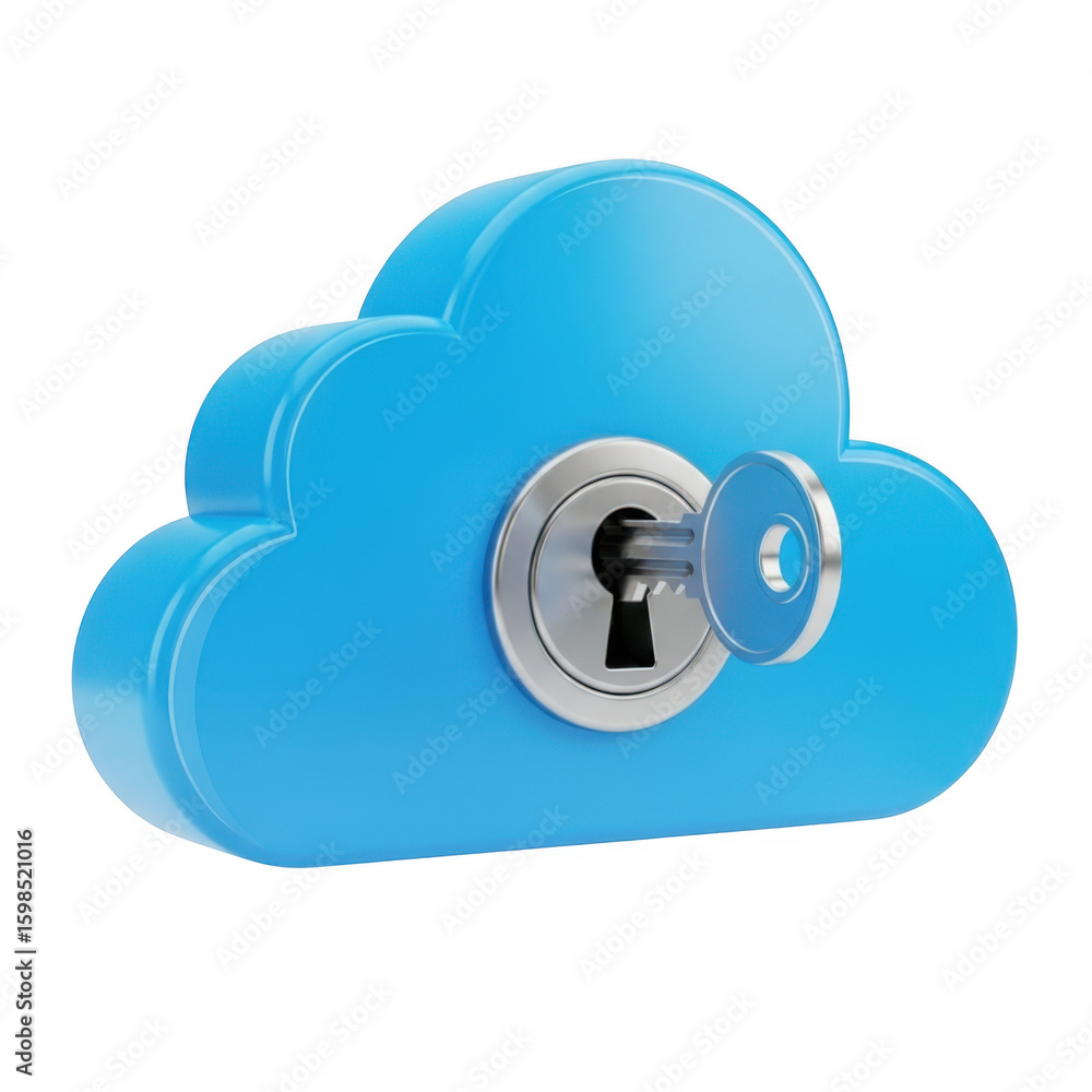 Poster 3d cloud security with keyhole and key isolated on transparent background