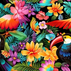 Lush Tropical Garden Pattern with Toucans and Hibiscus Flowers © PhotoToolsAi