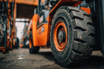 Orange forklift tire close up industrial setting