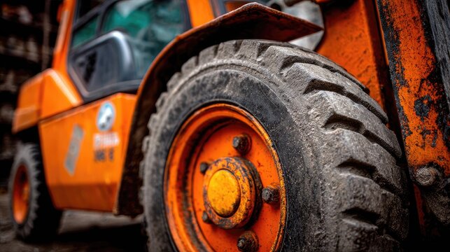 Orange forklift tire close up