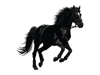 black horse silhouette in motion with bridle and flowing mane
