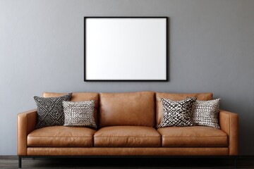 Tan leather couch with patterned pillows and blank framed art on a gray wall in a modern living room