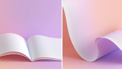 Two panels of  soft pastel paper, one open book, the other curved