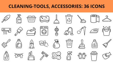 Cleaning tools and accessories icon set in minimal design