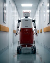 A futuristic medical robot navigates a sterile hospital corridor pushing a cart suggesting advanced healthcare technology and automation.
