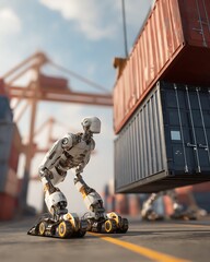 Futuristic Robot Worker at Busy Shipping Port Efficiently Manages Cargo Containers using Automation Technology