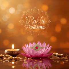 High-quality festive images of Rakhi Purnima with rakhis, diya, sweets, and traditional decorations, glowing bokeh effects, elegant backgrounds, and “Rakhi Purnima” text for greetings and banners.