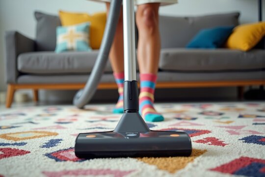 Person wearing colorful patterned socks vacuuming a modern living room with colorful geometric rug.
