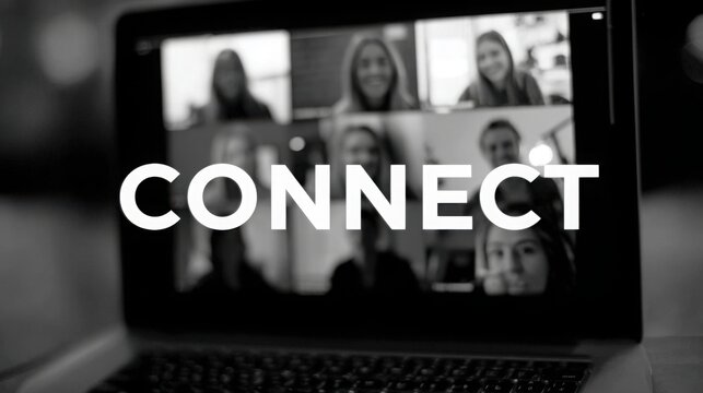 "CONNECT" in bright white sans-serif font, embedded in frame showing team video call in progress on laptop screen with glowing faces 