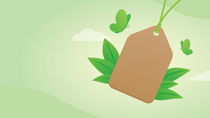 hanging tag with green leaves and butterflies illustration graphic vector with copy space