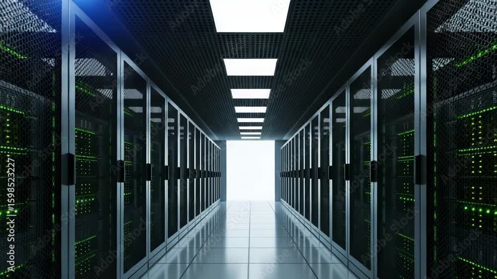 Poster perspective view down a brightly lit hallway in a dark data center with server racks