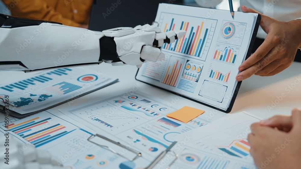 Poster a human and a robot collaborate on data analysis, surrounded by various graphs and charts. highlight