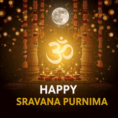Elegant festive visuals of Sravana Purnima with full moon, temples, diya, kalash, lotus, and rakhi elements, featuring glowing bokeh, spiritual ambiance, and “Happy Sravana Purnima” text.