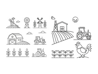 Naklejka premium Farm and Agriculture Village - Set of Thin Line Vector Icons