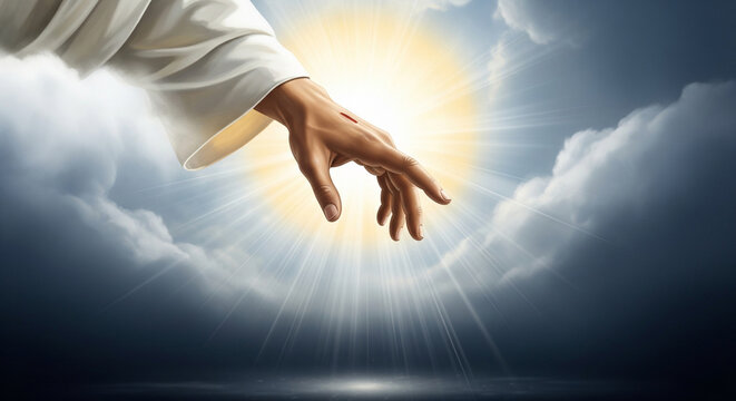 Close-up of Jesus' hand reaching down from heaven. Miracle of saving the life of Jesus Christ, the Son of God. Christmas, Easter, love, heaven and salvation concept, Christianity, Catholicism